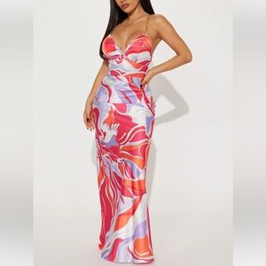 NWT Fashion Nova Satin Maxi Dress Pink Multicolor Small